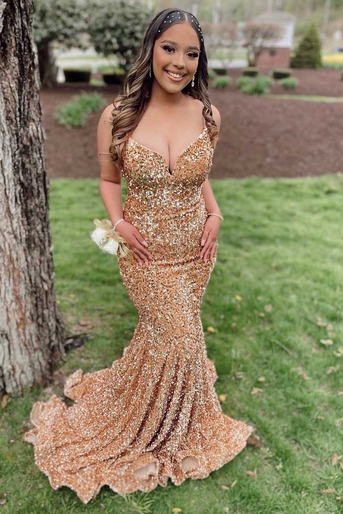 Gold Sequin Mermaid V-Neck Lace-Up Long Prom Dresses,BD98015
