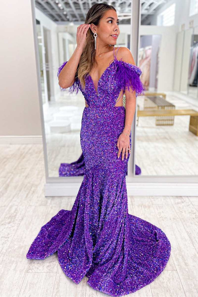 Mermaid Purple Iridescent Sequin Feather Cold-Shoulder Cutout Long Dresses,BD98022