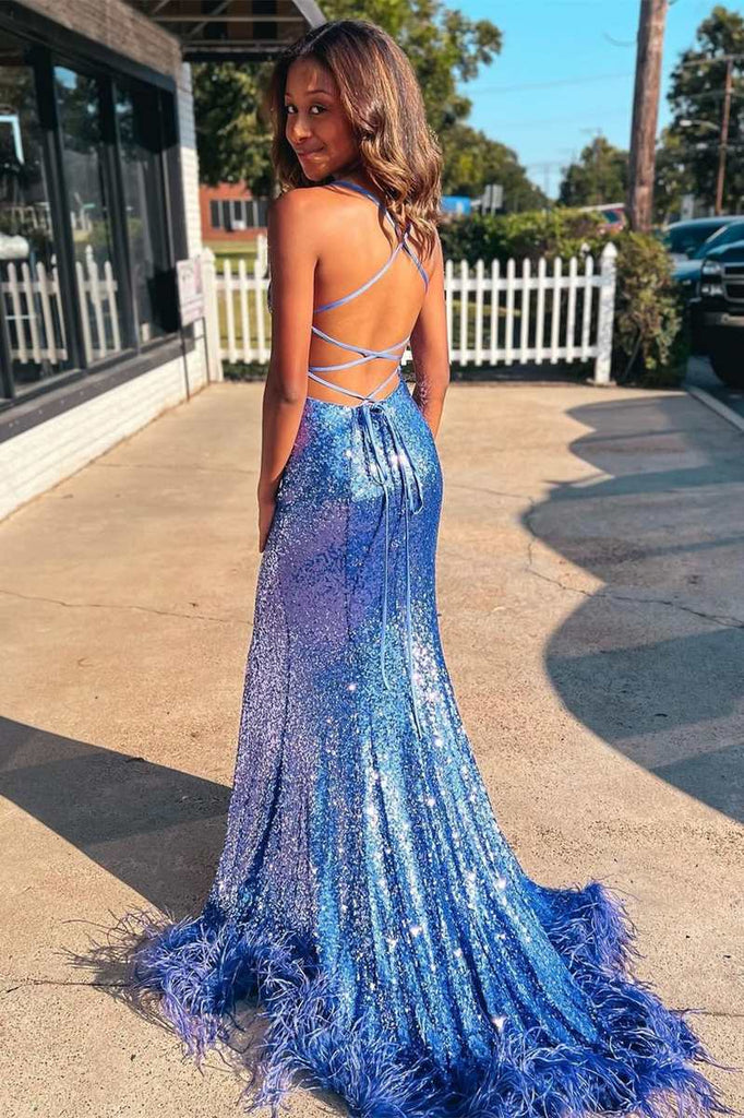 Blue Sequin Mermaid Feather Lace-Up Back Long Prom Dresses,BD98019
