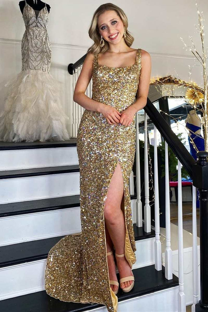 Gold Sequin Mermaid Square Neck Backless Long Formal Dress,BD98018
