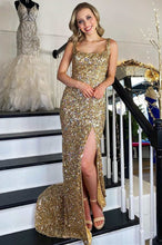 Load image into Gallery viewer, Gold Sequin Mermaid Square Neck Backless Long Formal Dress,BD98018
