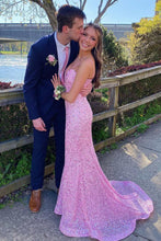 Load image into Gallery viewer, Long Pink Sequin Plunge V Mermaid Prom Dresses,BD98016