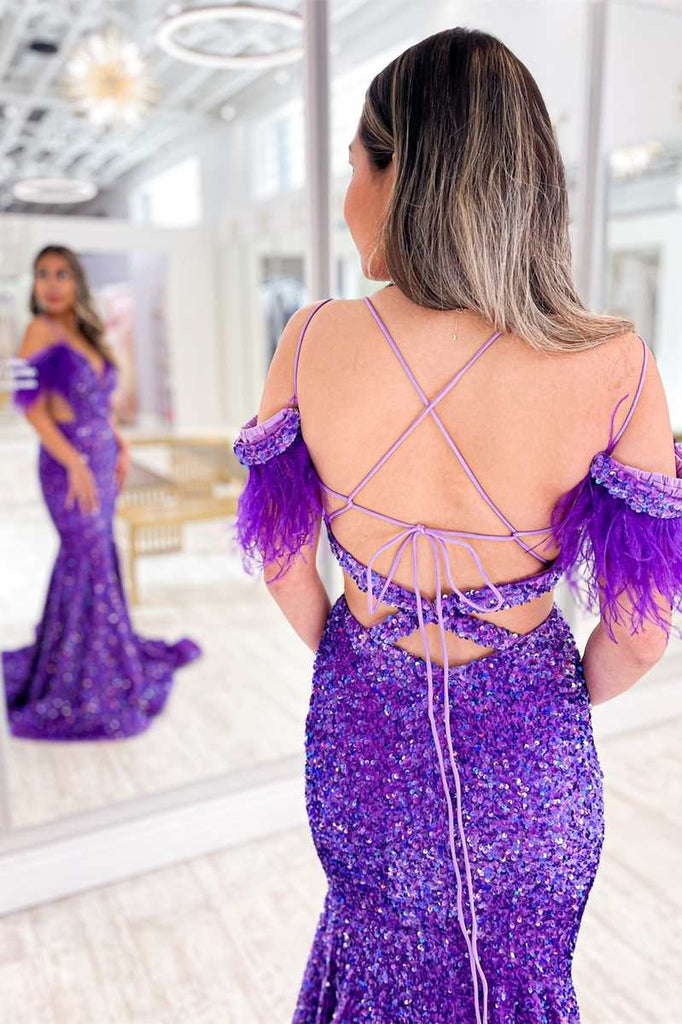 Mermaid Purple Iridescent Sequin Feather Cold-Shoulder Cutout Long Dresses,BD98022