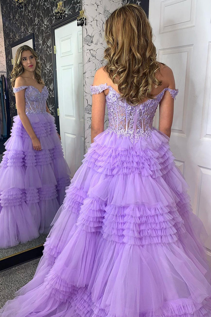 Lilac Off the Shoulder Tulle Tiered Long Prom Dress with Appliques,BD98024