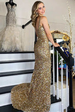 Load image into Gallery viewer, Gold Sequin Mermaid Square Neck Backless Long Formal Dress,BD98018