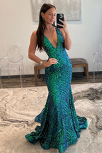 Load image into Gallery viewer, Dark Green Sequin Plunge Mermaid Long Prom Dresses,BD98025