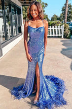 Load image into Gallery viewer, Blue Sequin Mermaid Feather Lace-Up Back Long Prom Dresses,BD98019