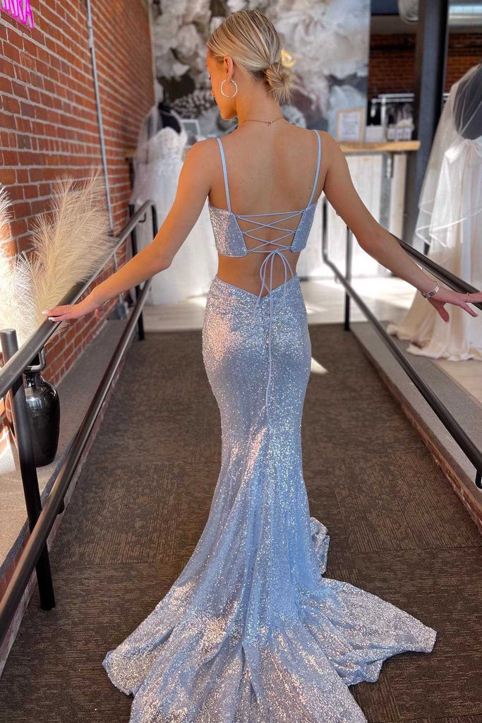Light Blue Sequin Mermaid Twist-Front Lace-Up Long Prom Gown,BD98014