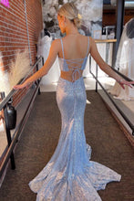 Load image into Gallery viewer, Light Blue Sequin Mermaid Twist-Front Lace-Up Long Prom Gown,BD98014