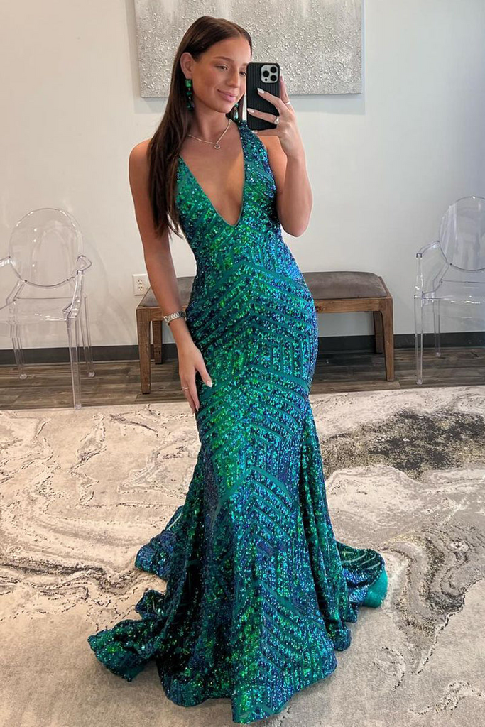 Dark Green Sequin Plunge Mermaid Long Prom Dresses,BD98025