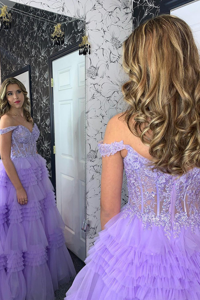 Lilac Off the Shoulder Tulle Tiered Long Prom Dress with Appliques,BD98024