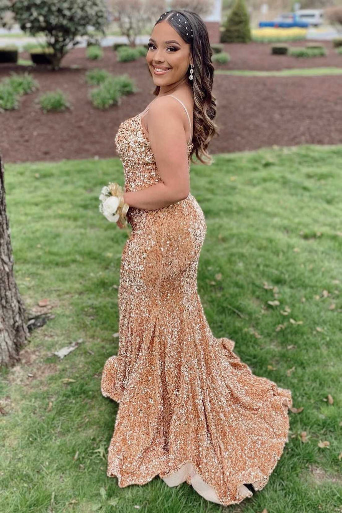 Gold Sequin Mermaid V-Neck Lace-Up Long Prom Dresses,BD98015