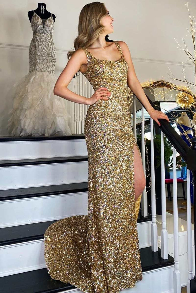 Gold Sequin Mermaid Square Neck Backless Long Formal Dress,BD98018