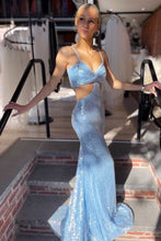 Load image into Gallery viewer, Light Blue Sequin Mermaid Twist-Front Lace-Up Long Prom Gown,BD98014
