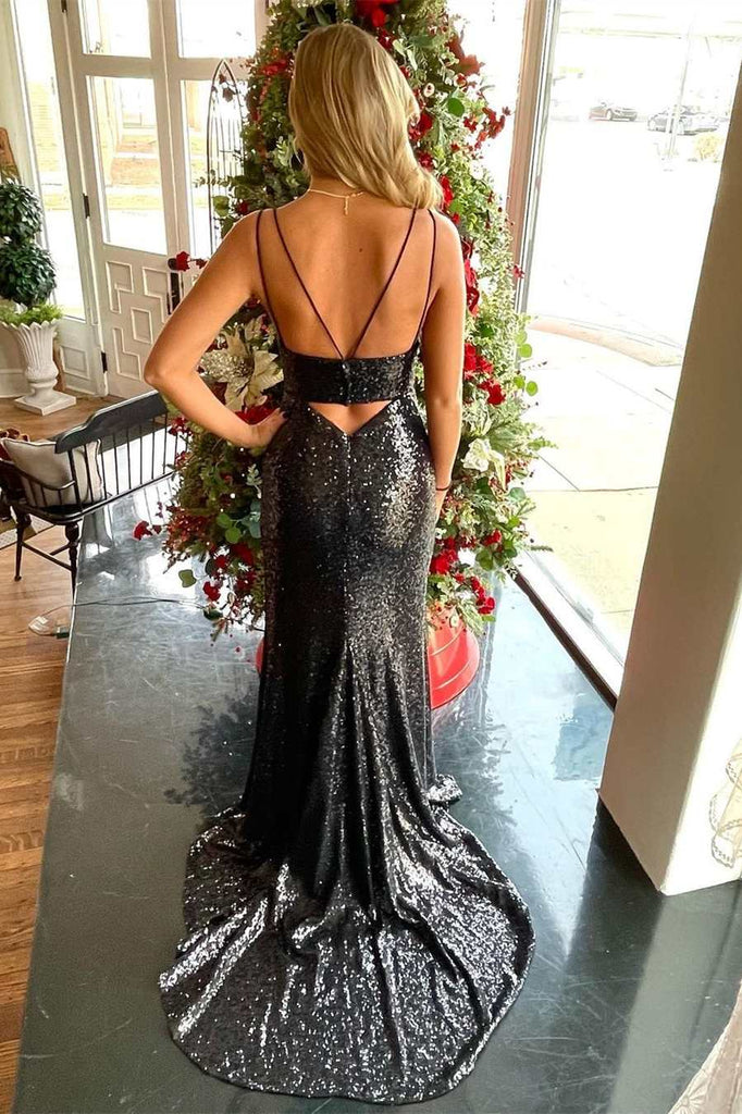 Mermaid Black Sequin Keyhole Long Prom Dresses,prom gown,BD98020