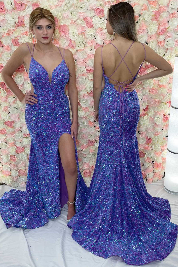 Purple Iridescent Sequin Mermaid Lace-Up Back Long Prom Dresses,BD98021