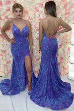 Load image into Gallery viewer, Purple Iridescent Sequin Mermaid Lace-Up Back Long Prom Dresses,BD98021