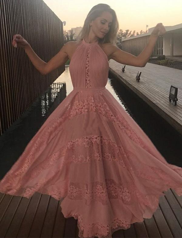 A Line Halter Floor Length Sleeveless Pink Prom Dress With Appliques, BH91251