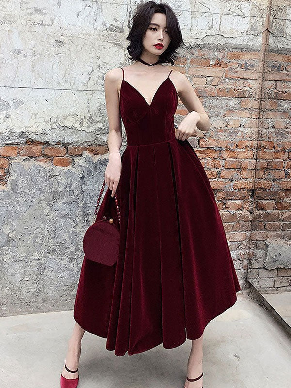 Simple v neck burgundy velvet prom dress, velvet evening dress,BD22266