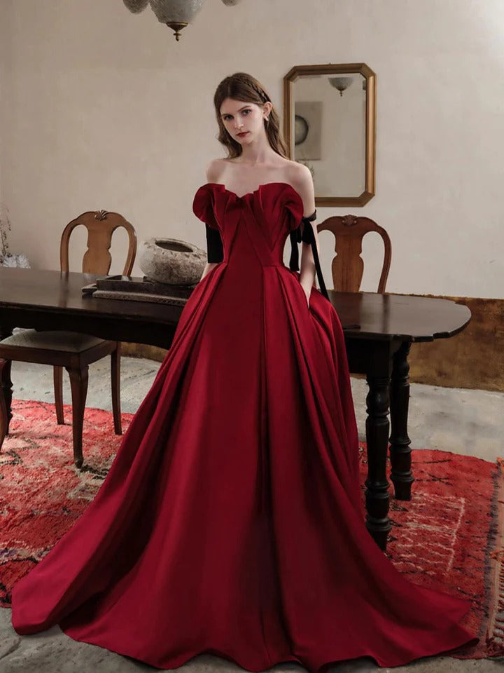 Burgundy satin long prom dress, burgundy satin evening dress,BD22263