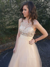 Load image into Gallery viewer, A Line Cheap Tulle Peach Beaded Backless Long Prom Dress BD22154