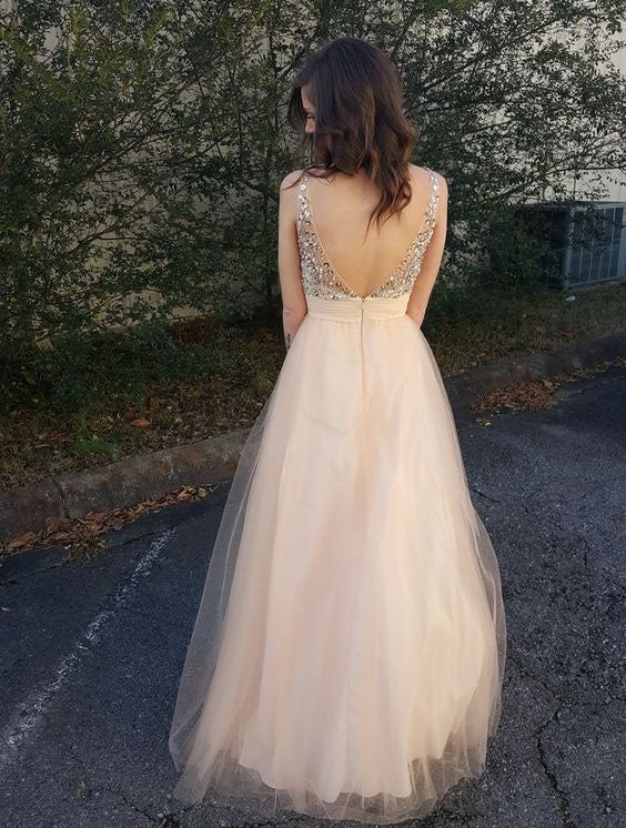 A Line Cheap Tulle Peach Beaded Backless Long Prom Dress BD22154