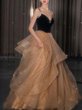Load image into Gallery viewer, Champagne v neck tulle long prom dress, champagne evening dress,BD22273