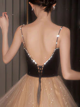 Load image into Gallery viewer, Champagne v neck tulle long prom dress, champagne evening dress,BD22273
