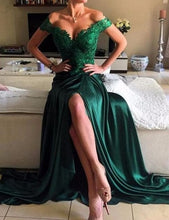 Load image into Gallery viewer, dark green prom dress,long Prom Dresses,off shoulder prom dress,side slit prom dress,cheap evening dresses,PD00296