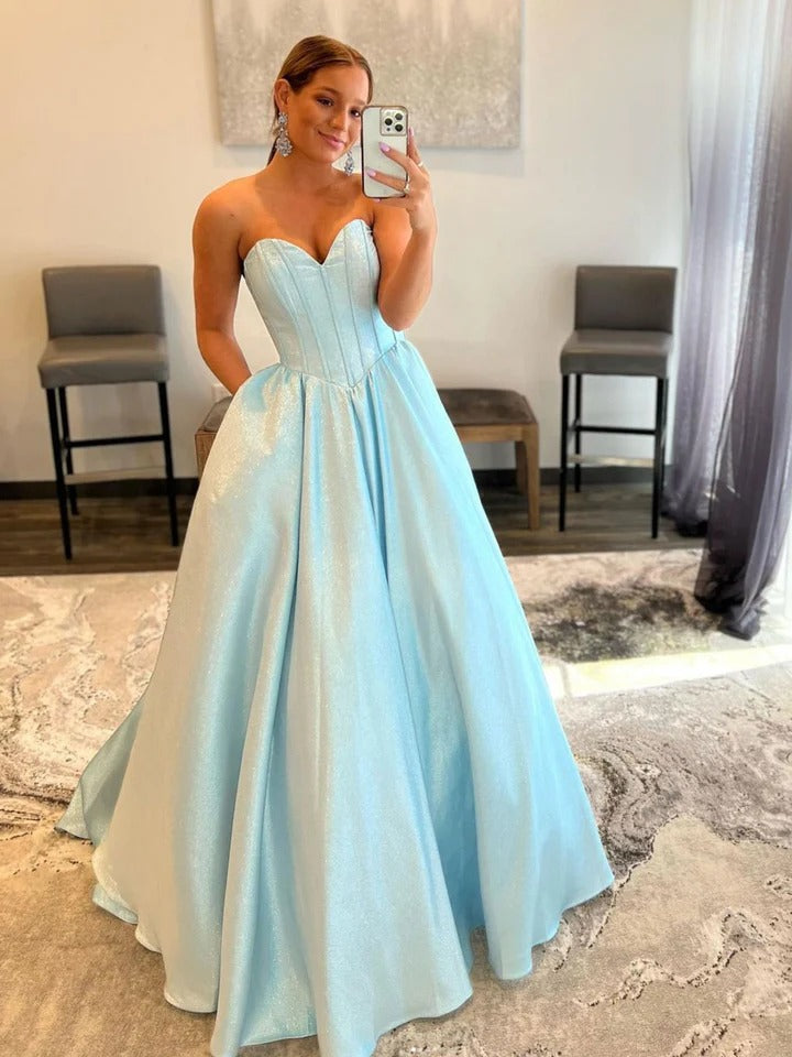 Blue sweetheart neck satin long prom dress, blue evening dress,BD22270
