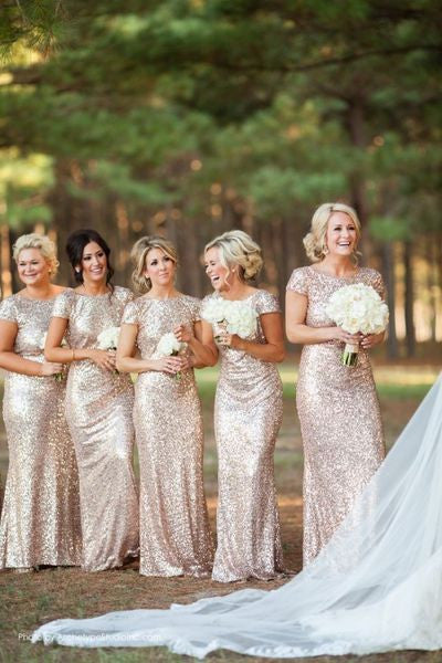 Gold Sequin bridesmaid dress,long bridesmaid dress,Short Sleeves bridesmaid dress,Open Back bridesmaid dress,BD005