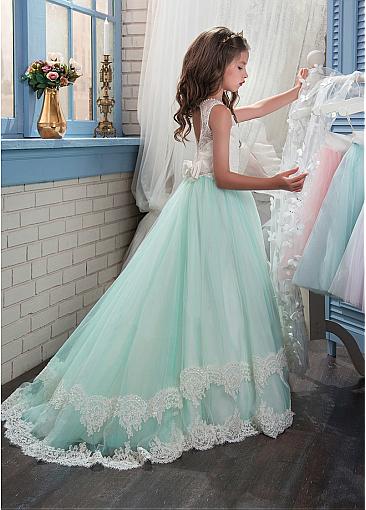 Mint Green Long Tulle And Lace Flower Girl Dresses For Wedding, little girl dress with cloak, FD010