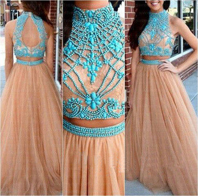 2 Pieces Prom Dresses,Tulle Prom Dress,Dresses For Prom,A-line Prom Dress,High neck Prom Dress,BD169