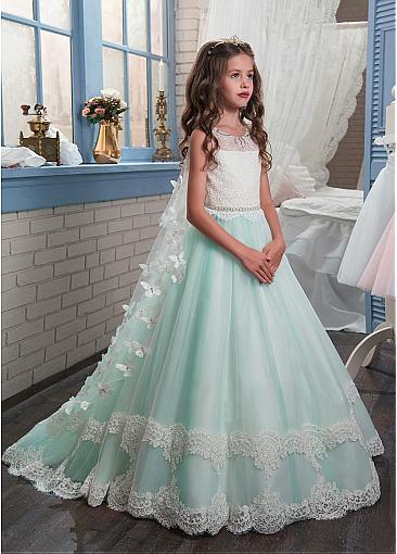 Mint Green Long Tulle And Lace Flower Girl Dresses For Wedding, little girl dress with cloak, FD010