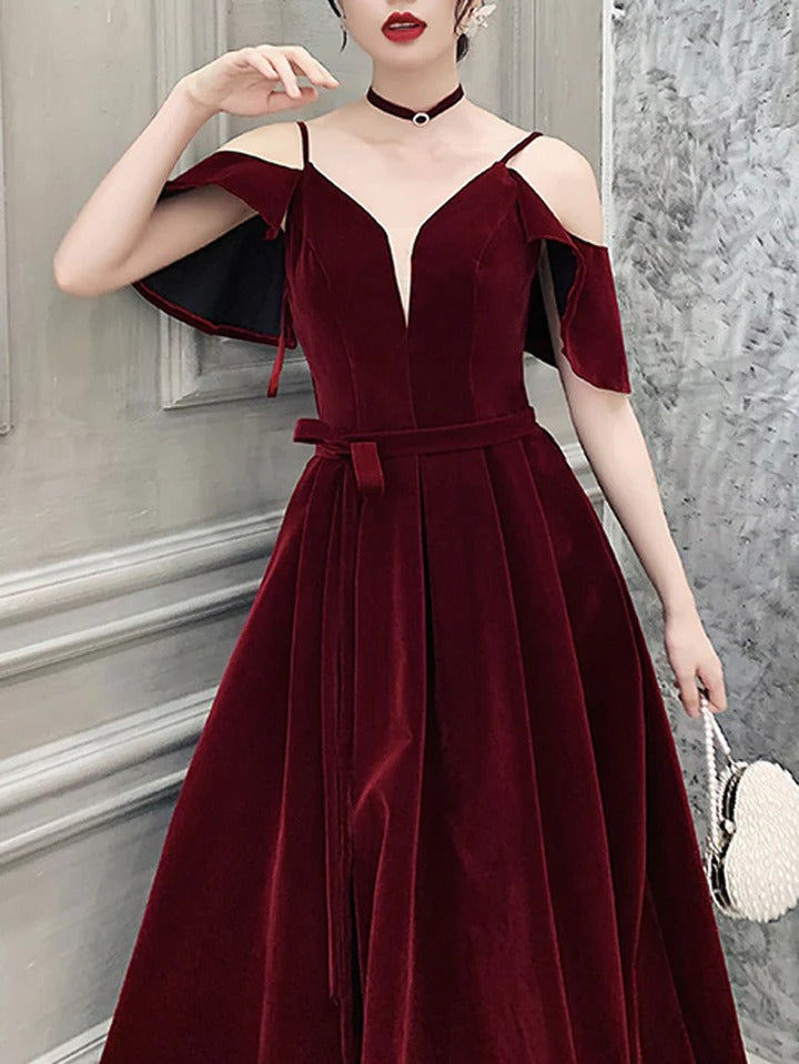 Burgundy v neck velvet long prom dress, burgundy evening dress,BD22271