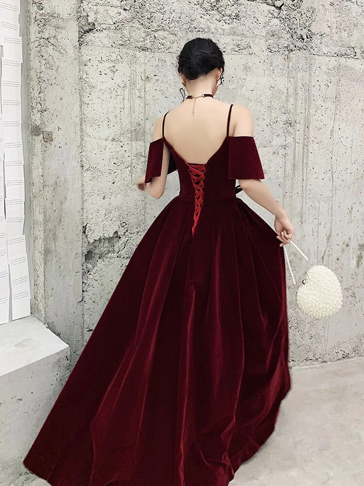 Burgundy v neck velvet long prom dress, burgundy evening dress,BD22271