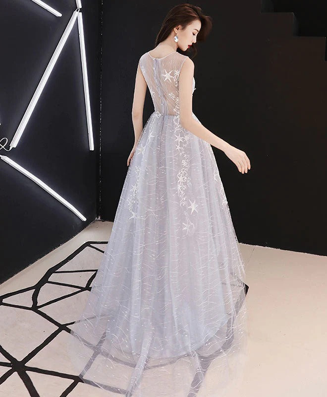 A line Gray Prom Dresses, High Low Gray Homecoming Dresses Lace Formal Graduation Party Dress,BD22199