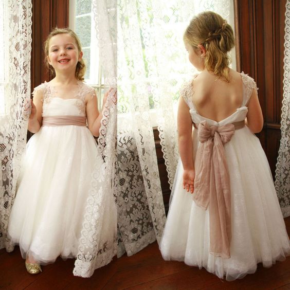 Cute White Long Flower Girl Dresses, Cheap Lovely Tulle Little Girl Dress, FD016