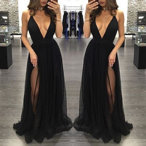 black Evening Dress,v-neck Prom Dress,long prom dress, sexy prom dress,tulle evening dress,BD2700