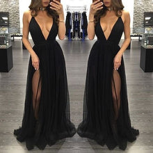 Load image into Gallery viewer, black Evening Dress,v-neck Prom Dress,long prom dress, sexy prom dress,tulle evening dress,BD2700