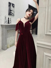 Load image into Gallery viewer, Burgundy v neck velvet long prom dress, burgundy evening dress,BD22271
