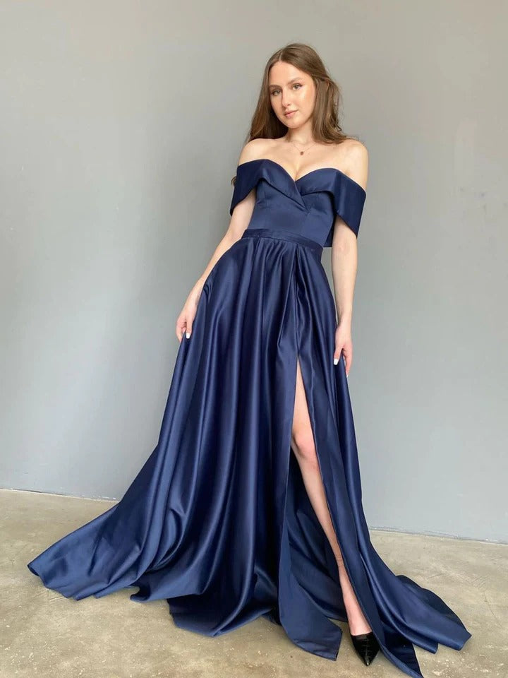 Simple off shoulder blue long prom dress, blue satin evening dress,BD22265
