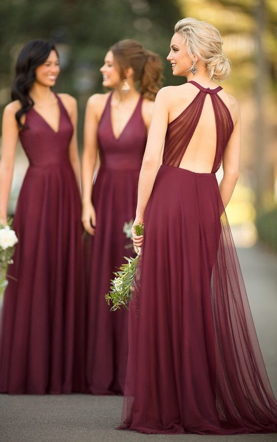 burgundy tulle Bridesmaid Dresses,v-neck Bridesmaid Dress,long Bridesmaid Dress,Cheap Bridesmaid Dresses,PD69475