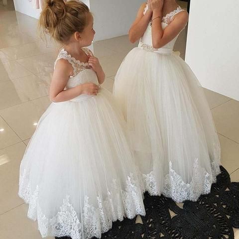 White Tulle With Lace Appliques Flower Girl Dresses, Cute Little Girl Dress, FD017