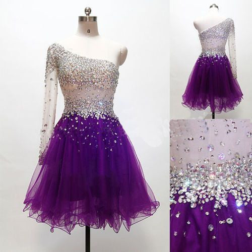 purple Homecoming dress,Short prom Dress,one shoulder Prom Dresses,Party dress for girls,BD755