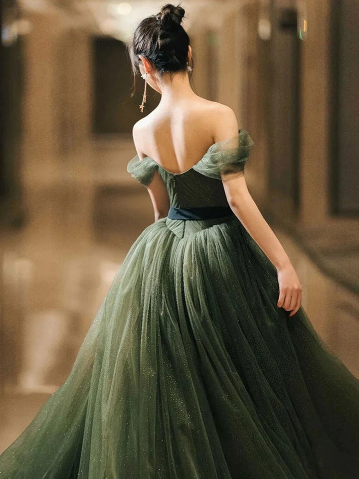 Green sweetheart neck tulle long prom dress, green tulle formal evening dress,BD22269