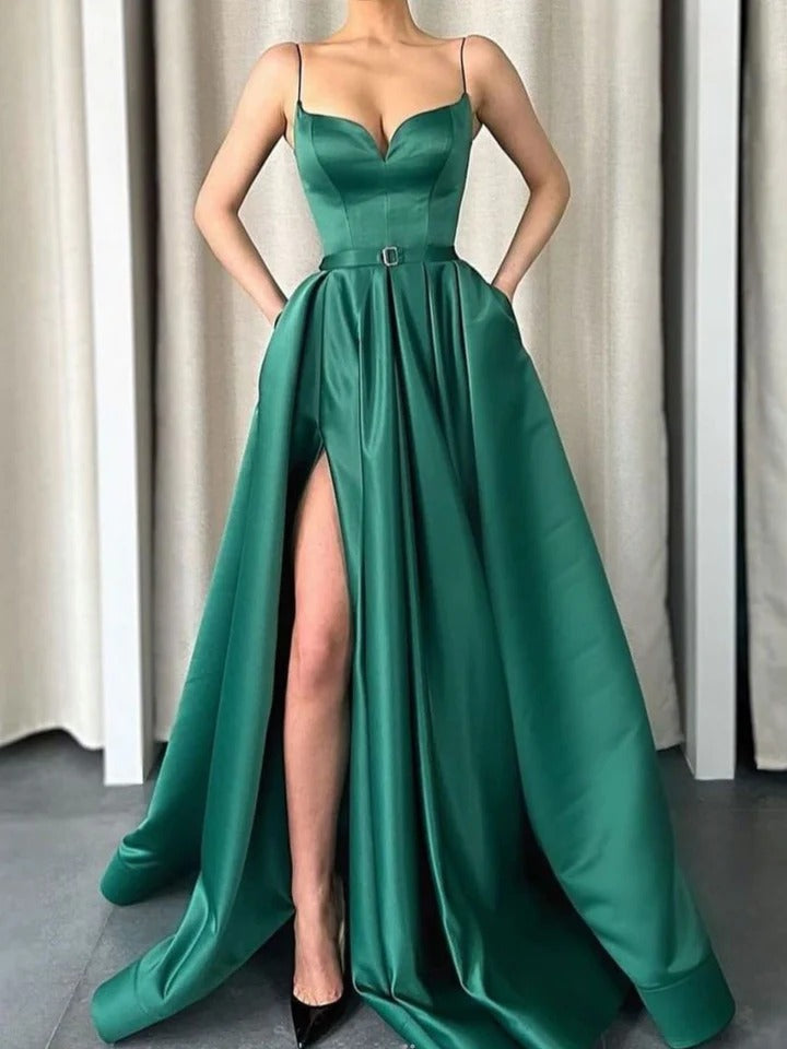 Green satin long prom dress, green long bridesmaid dress,BD22267