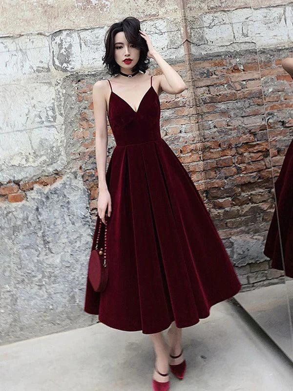 Simple v neck burgundy velvet prom dress, velvet evening dress,BD22266