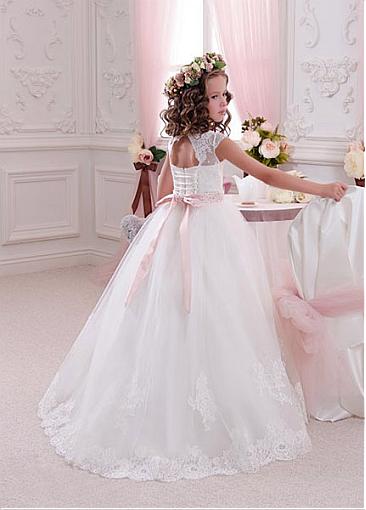 Cap Sleeves Long Ivory Lace Flower Girl Dresses For Wedding, Cheap Little Girl Dress, FD012