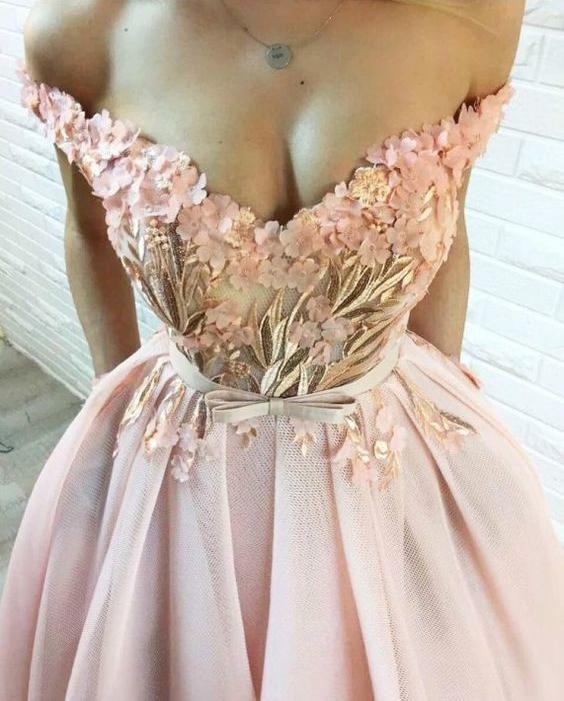 A Line Hand-Made Flower Long Off the Shoulder Sweetheart Prom Dresses with Pockets,BD22017